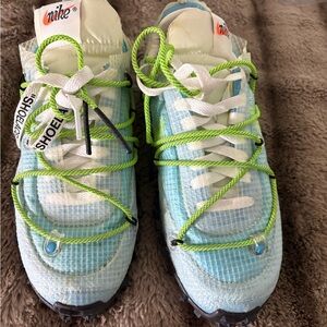 Off-White Light Blue and White Sneakers with Neon Green Laces